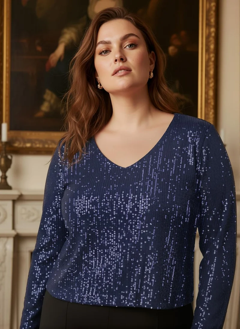 globus Globus Gloplus Women Navy Blue V-Neck Long Sleeves Sequinned Plus Size Party Top
